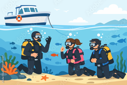 Scuba Diving Instructor Teaching a Lesson to Students Underwater with a Moored Boat Above, Flat Vector Illustration of Divers in Wetsuits with Oxygen Tanks, Masks, and Fins in the Blue Ocean.