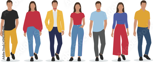 Diverse group of faceless people character set wearing colorful casual and business outfits walking forward isolated flat vector illustration for modern lifestyle concepts.