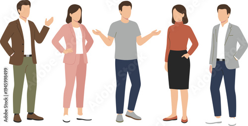 Diverse faceless business people character set in professional office suits and casual attire standing in various poses, isolated flat vector illustration for corporate team.