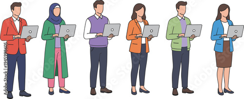 Diverse professional men and women character set holding laptops and working in casual business attire isolated flat vector illustration for remote work and technology concepts.