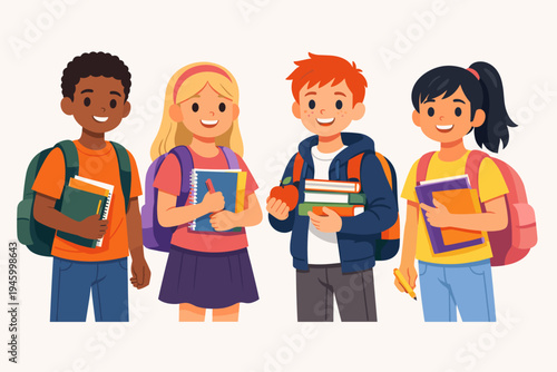 Happy diverse group of school children with backpacks and books, elementary students ready for class, flat vector illustration of boys and girls holding school supplies for back to school concept.
