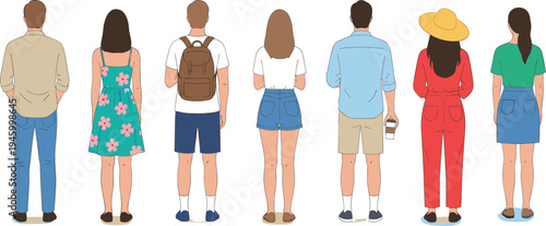 Group of diverse people character set showing rear view back perspective wearing casual summer clothes and outfits isolated flat vector illustration for lifestyle concepts.