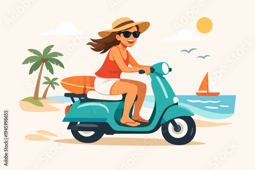 Happy young woman riding a blue vintage scooter on a tropical beach with a surfboard, enjoying a summer vacation under the sun with palm trees and ocean waves in flat vector illustration style.