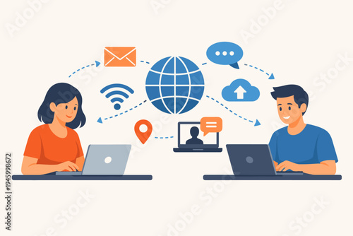 Flat Vector Illustration of a Man and Woman Working on Laptops and Communicating Globally via the Internet with Icons for Email, Wifi, Cloud, Chat, and Video Calls for Remote Team Collaboration