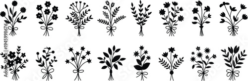 Silhouettes of flower bouquet arrangements tied with ribbons, botanical vector illustration for floral decoration, wedding, nature, craft, art, design