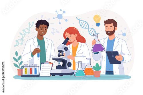 Diverse team of scientists and researchers working in a laboratory with microscope, flasks, and test tubes. Flat vector illustration of professional people conducting scientific experiments.