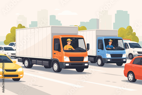 Professional delivery drivers operating orange and blue cargo trucks through busy city traffic on a highway. Flat vector illustration of urban logistics, transportation, and freight shipping.