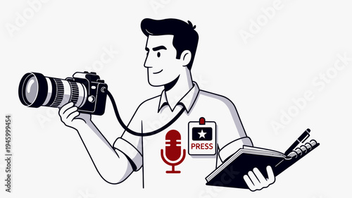 Journalist With Camera Microphone And Notebook vector illustration