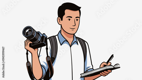 Man With Camera And Notebook vector illustration