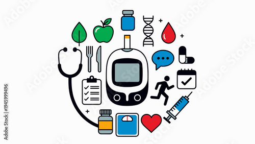 Diabetes Management and Healthy Lifestyle Icons vector illustration