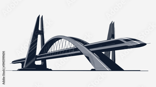 Futuristic Cable-Stayed Bridge with Modern Train vector illustration