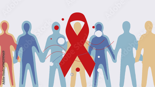 Red Ribbon Symbolizing AIDS Awareness Surrounded By Diverse Silhouettes Holding Hands vector illustr
