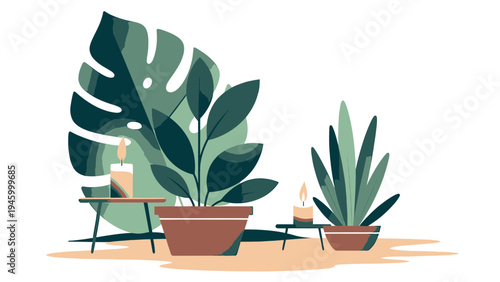 Cozy Home Interior With Houseplants And Candles vector illustration