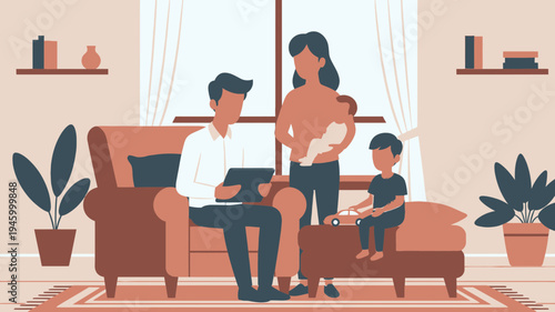 Modern Family In Living Room With New Baby vector illustration