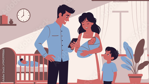 Happy Family with Newborn Baby and Toddler vector illustration