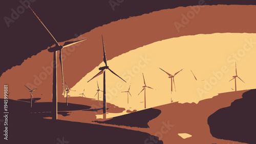 Wind Turbines Silhouetted Against a Warm Hazy Sky vector illustration