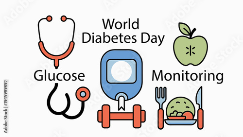 World Diabetes Day Icons Glucose Monitoring Healthy Food Exercise vector illustration