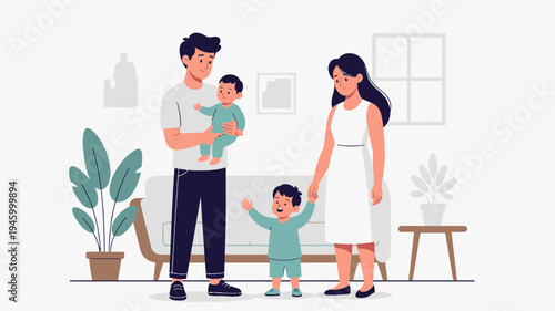 Happy Family With Two Young Children In Modern Living Room vector illustration