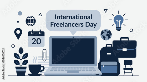 International Freelancers Day Celebration With Laptop And Business Elements vector illustration