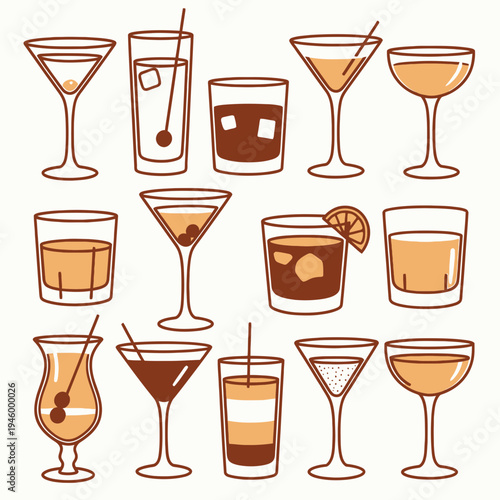 Collection Of Alcoholic And Non-Alcoholic Drinks In Glassware vector illustration