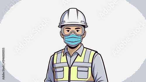 Construction Worker Wearing Safety Gear and Face Mask vector illustration