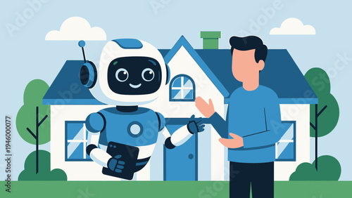 Robot Interacting With Person In Front Of A House vector illustration