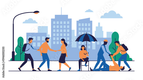 Diverse City Scene With People Interacting and One Person in Distress vector illustration