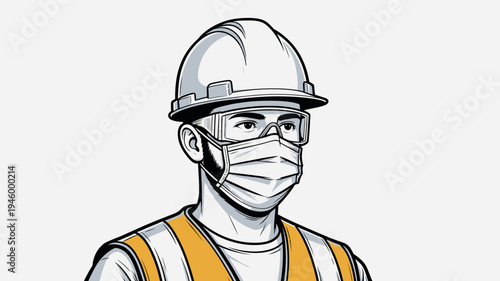 Construction Worker Wearing Hard Hat Safety Glasses and Mask vector illustration