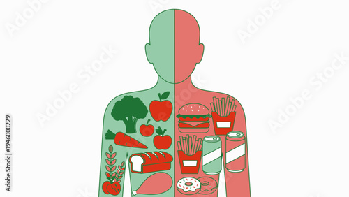 Healthy vs. Unhealthy Food Choices Impacting Human Body vector illustration