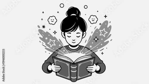 Young Girl Immersed In Magical Storybook vector illustration