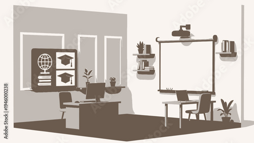 Modern Classroom with Technology and Online Learning Elements vector illustration