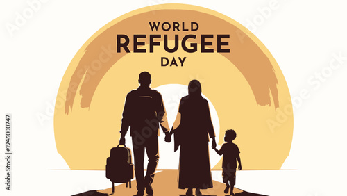 World Refugee Day Family Walking Towards a Brighter Future vector illustration