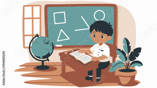 Boy Learning Shapes In A Classroom vector illustration