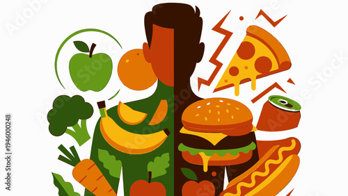 Healthy Eating vs. Unhealthy Eating Lifestyle Choice vector illustration