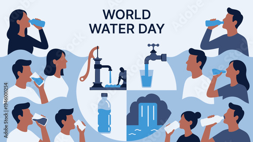 World Water Day Celebration with Diverse People and Water Sources vector illustration