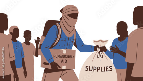 Humanitarian Aid Worker Distributes Supplies To Community vector illustration