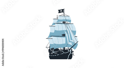 Pirate Ship Sailing with Jolly Roger Flag on White Background