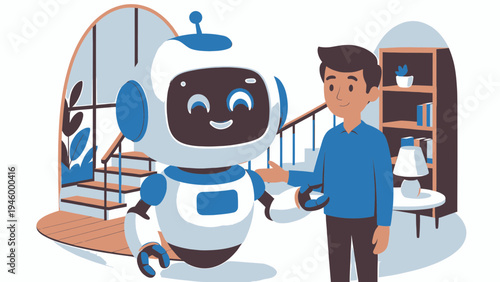 Friendly Robot Interacts With a Person vector illustration