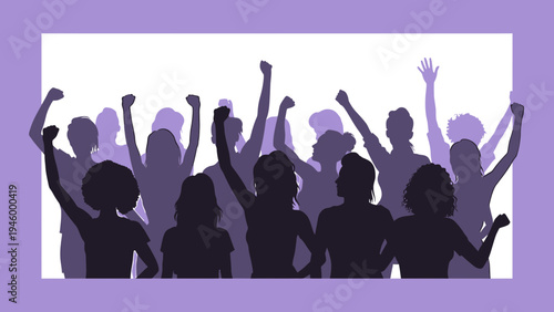 Diverse Crowd Silhouettes Cheering with Raised Fists vector illustration