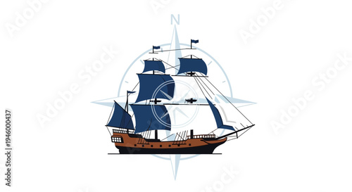 Vintage Sailing Ship Silhouette with Compass Rose, Nautical Adventure Symbol