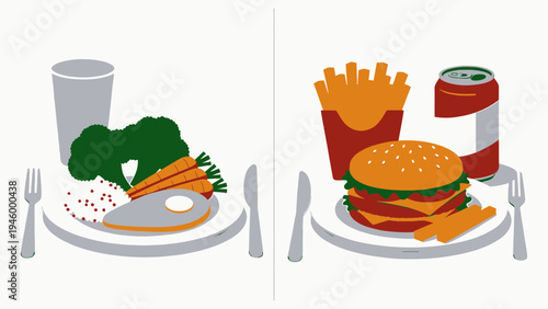 Healthy vs Unhealthy Food Choices vector illustration