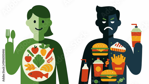 Healthy vs. Unhealthy Diet Comparison vector illustration