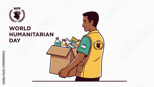 World Humanitarian Day - WFP Volunteer Carrying Aid Box vector illustration