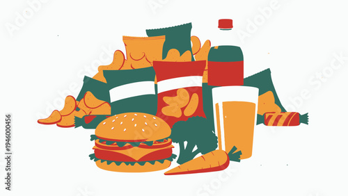 Unhealthy Food Choices Pile Burgers Chips Soda Candy vector illustration