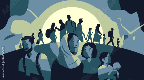 Diverse Group Of People Walking Towards A Bright Horizon vector illustration