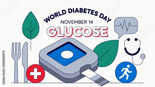World Diabetes Day November 14 Glucose Monitoring and Healthy Lifestyle vector illustration