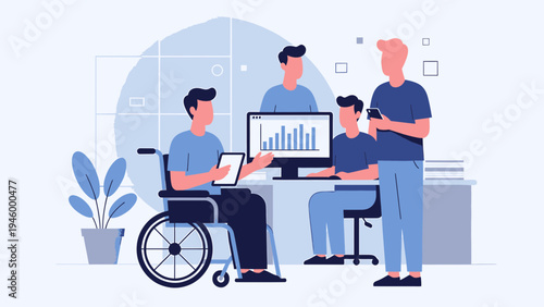 Diverse Team Collaborating in Modern Office with Disabled Colleague vector illustration