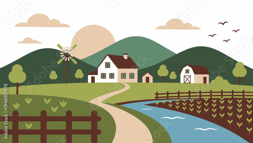 Idyllic Rural Landscape with Farmhouse Barn and Windmill vector illustration