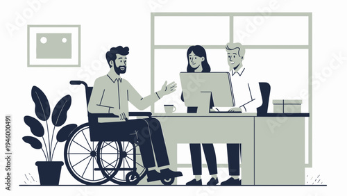 People With Disabilities In The Workplace Discussing Ideas At Desk vector illustration