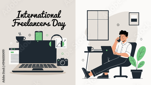 International Freelancers Day Celebration and Workspace vector illustration